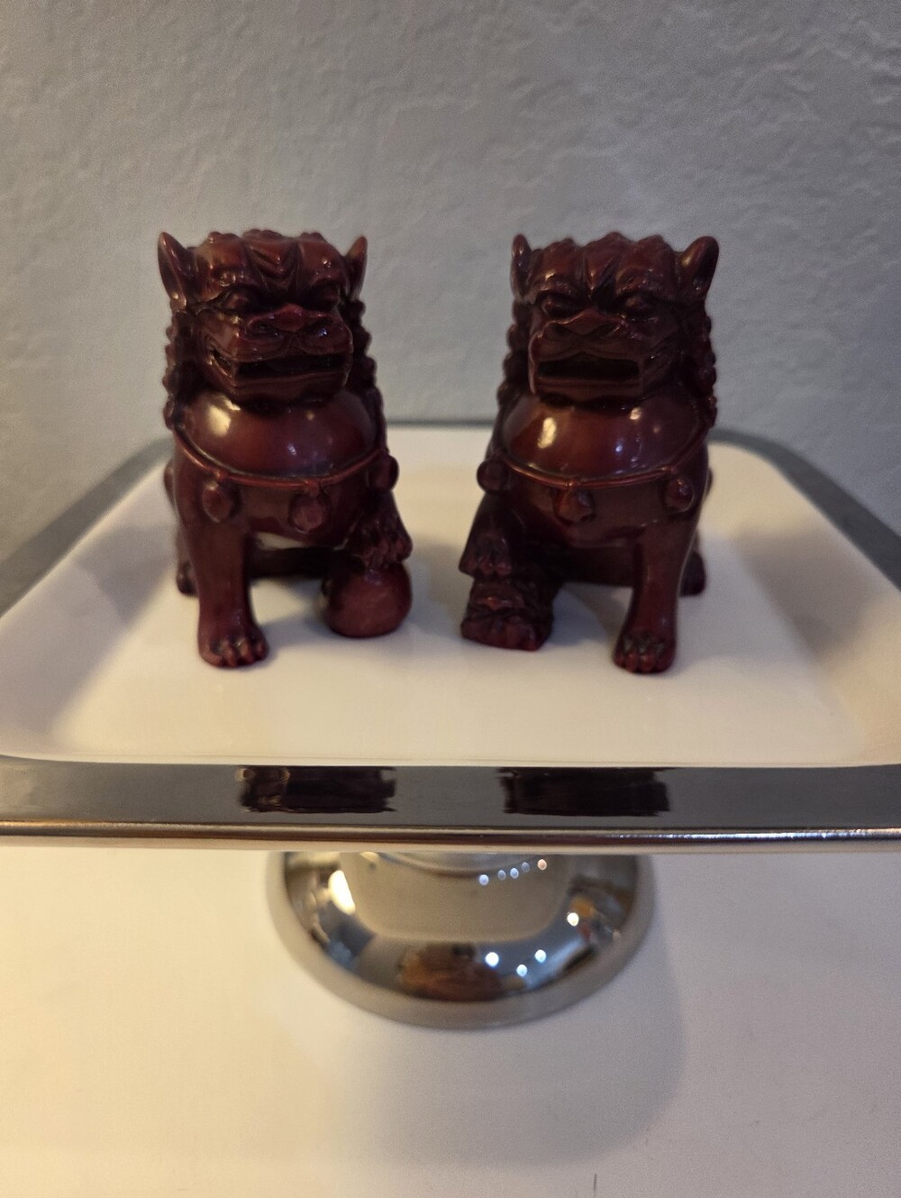 Pair of Burgundy Foo Dog Statues - Decorative Home Accents